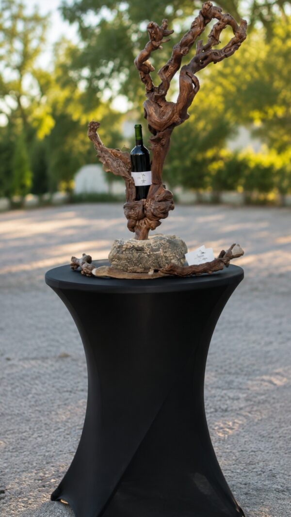 Présentoir de bouteille en cep de vigne sur pierre naturelle