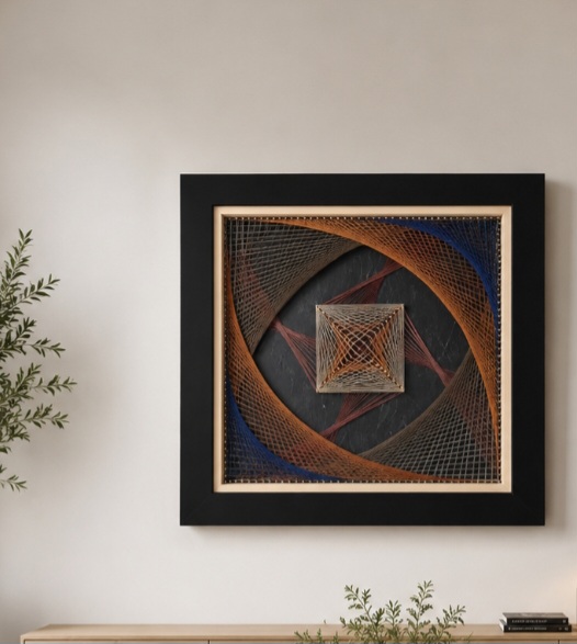 art filaire sur tableau bois recyclé avec cadre et verre de protection